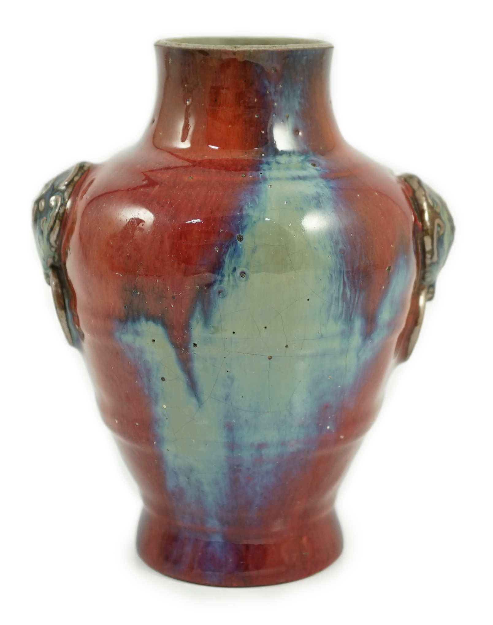 A Chinese Jun imitation flambé-glazed vase, Yongzheng four character mark and probably of the period, neck reduced, cracks